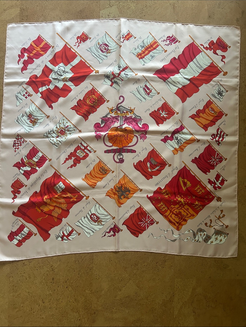 Silk Flag Motif Square Scarf in Red and Cream